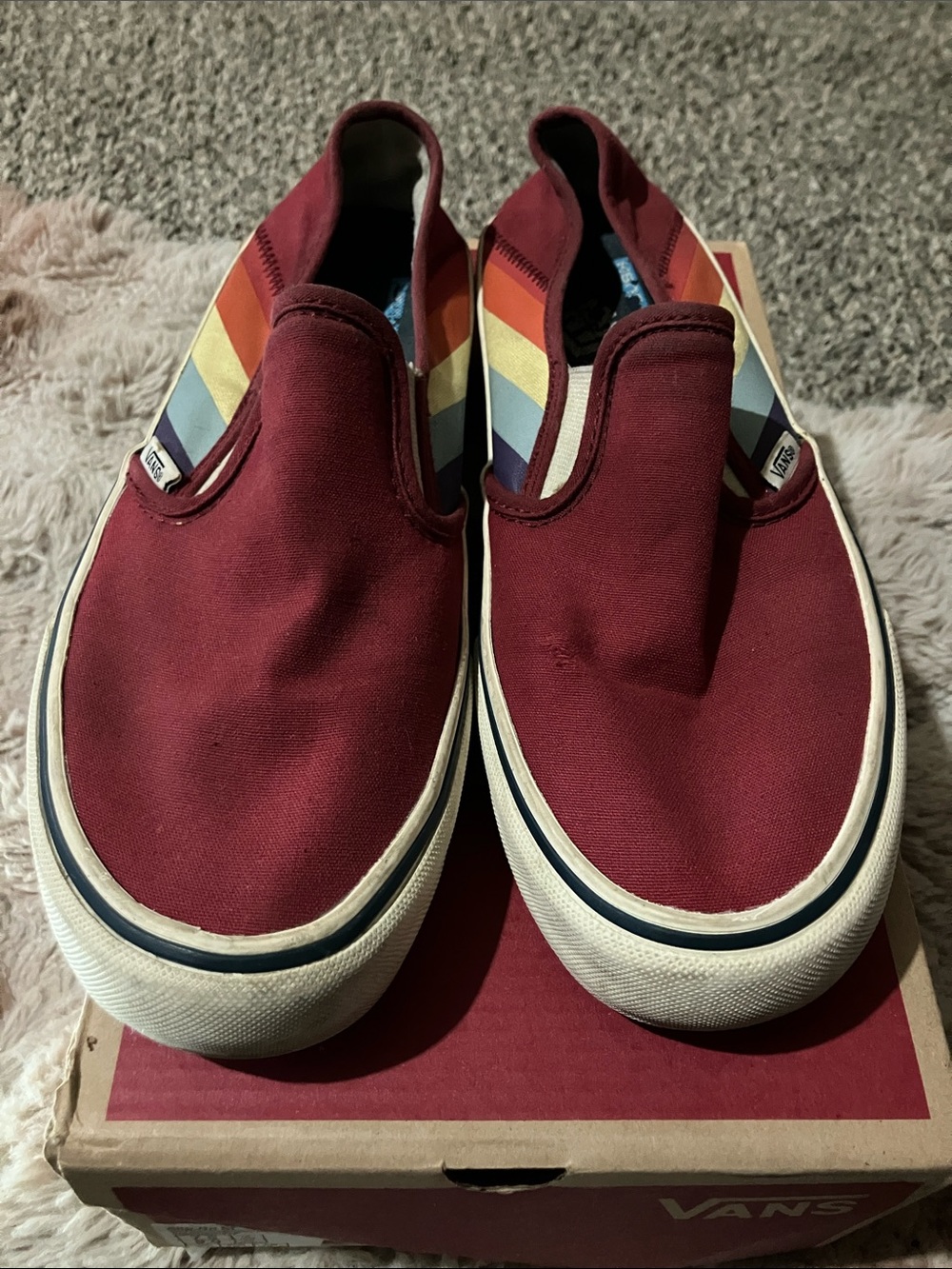 Vans Burgundy Slip-On with Rainbow Side Stripes